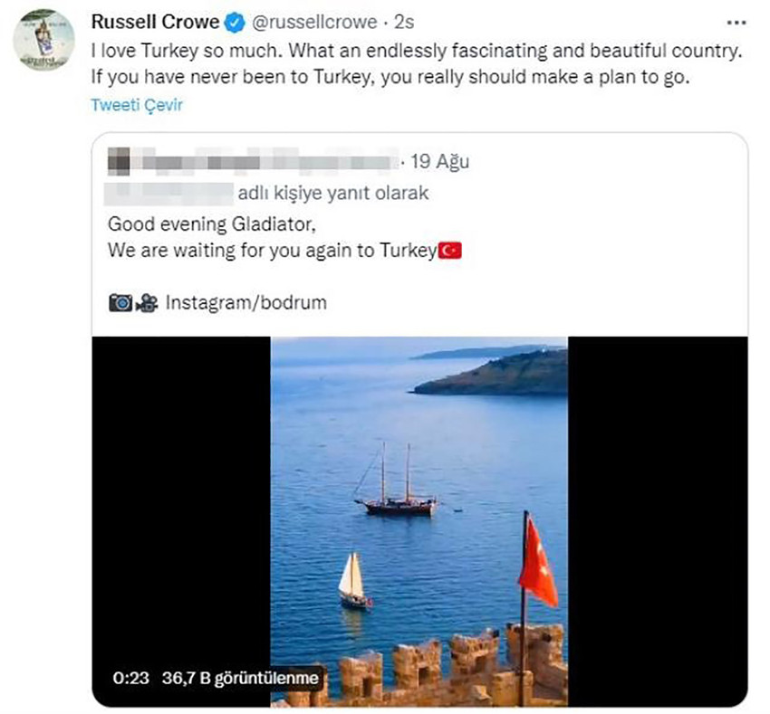 Dünyaca ünlü oyuncu Russell Crowe'dan ''Türkiye'' paylaşımı - Resim : 1
