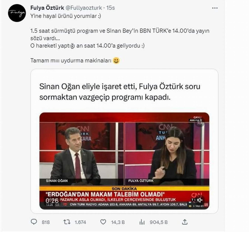 Cumhurbaşkanlığı seçimi ikinci turunda Cumhurbaşkanı Erdoğan'ı destekleme kararı alan Sinan Oğan'ın CNN Türk canlı yayında yaptığı el hareketi gündem oldu. Programın sunucusu Fulya Öztürk hemen devreye girdi.