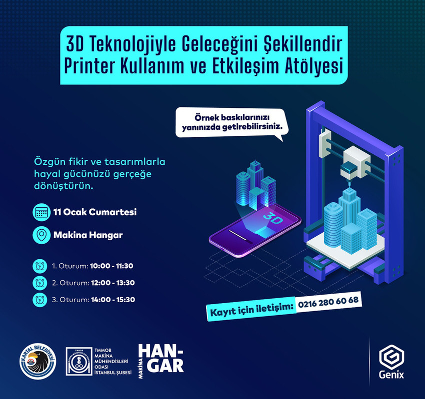 Kartal Belediyesi, gençlerin; yeni endüstriyel devrim olarak tanımlanan Endüstri 4.0’ın da önemli bir bileşeni olan 3 boyutlu yazıcı teknolojisini (3D Printer) yakından tanıması amacıyla Makina Hangar’da ‘3D Printer Kullanım ve Etkileşim Atölyesi’ni düzenliyor.