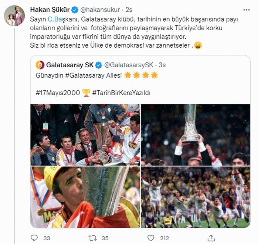 hakan şükür'ün cumhurbaşkanı erdoğan'a seslendiği tweet