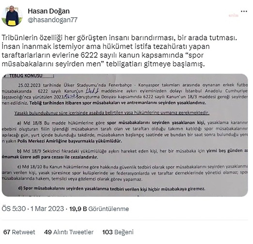 ''Hükümet istifa'' sloganı atan Fenerbahçe taraftarına ''seyirden men'' tebligatı - Resim : 1