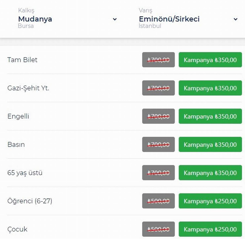 Bursa Deniz Otobüsleri İşletmesi (BUDO) 230 lira olan Mudanya-İstanbul seferini 350 liraya çıkardı.