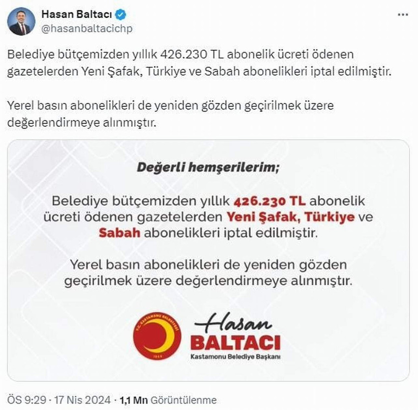 31 Mart yerel seçimlerinde yıllar sonra CHP'nin kazandığı Kastamonu'nda CHP'li Belediye Başkanı Hasan Baltacı, belediyenin kasasından 5 yıl boyunca iktidara yakınlığıyla bilinen 3 gazeteye toplam 2,1 milyon TL ödeme yapıldığını ilan etti.