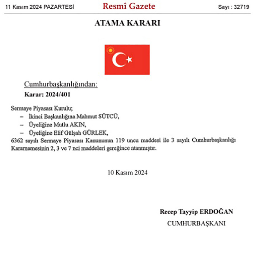 Resmi Gazete'de yayımlanan karara göre, Sermaye Piyasası Kurulu (SPK) kinci Başkanlığına Mahmut Sütcü, üyeliğine ise Mutlu Akın ve Elif Gülşah Gürlek atandı. 