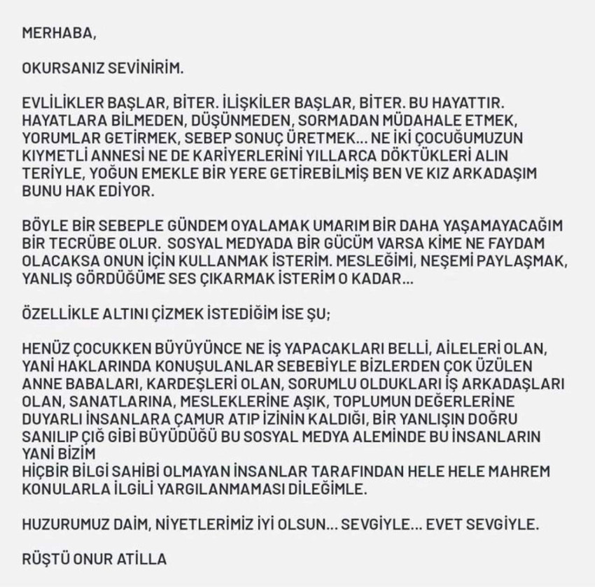 Haziran ayının başında eşinden boşanan Güldür Güldür Show'un sevilen ismi Rüştü Onur Atilla, şarkıcı Nez ile yeni bir aşka yelken açıp yanak yanağa poz vermişti. Atilla ortaya atılan 