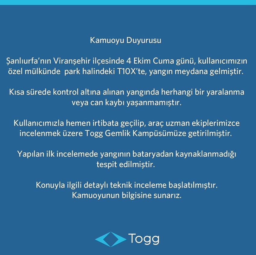 Şanlıurfa'nın Viranşehir ilçesinde şarj olurken yanan Togg T10X'le ilgili şirketten açıklama geldi. 