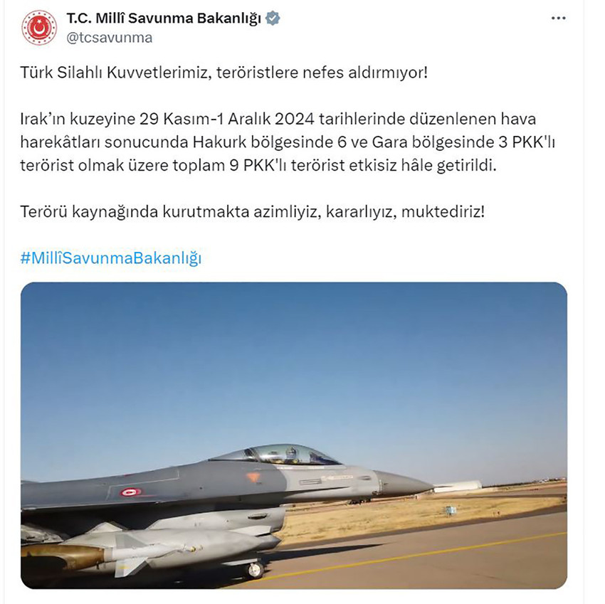 Milli Savunma Bakanlığı, Irak'ın kuzeyinde düzenlene hava harekatlarında 9 PKK'lı teröristin etkisiz hale getirildiğini açıkladı. 