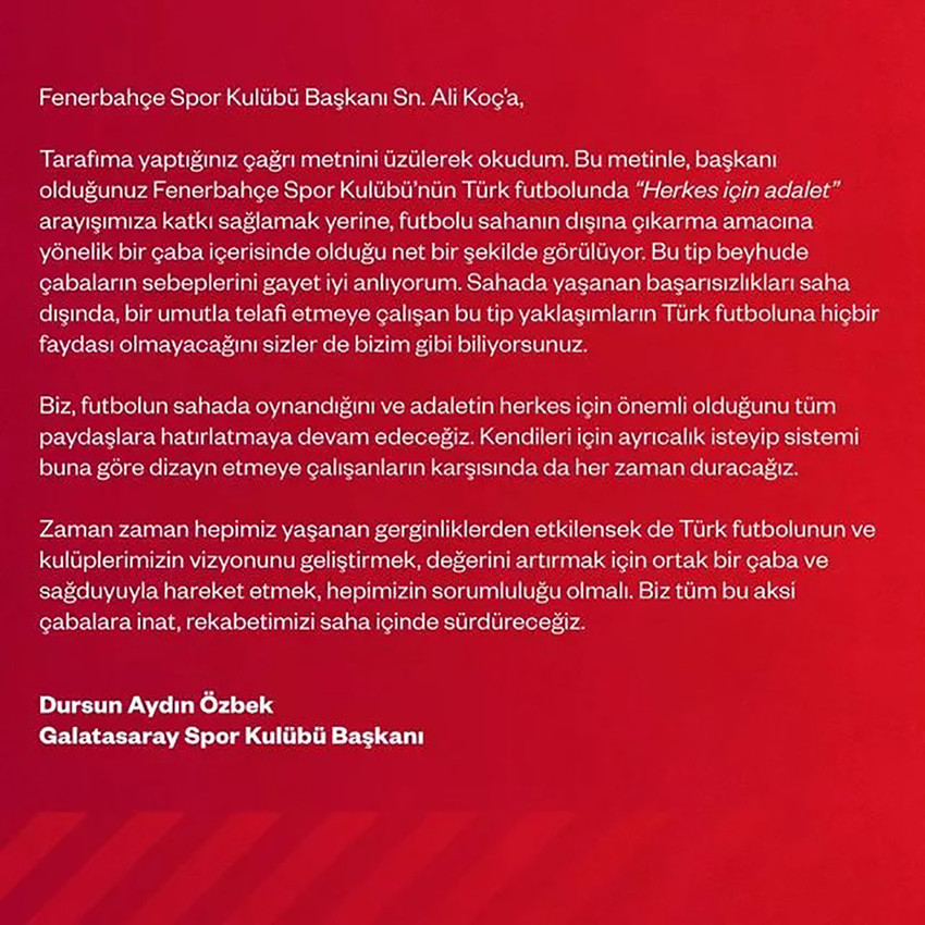 Galatasaray Başkanı Dursun Özbek'ten Fenerbahçe Başkanı Ali Koç'un tarihi çağrısına yanıt - Resim : 1