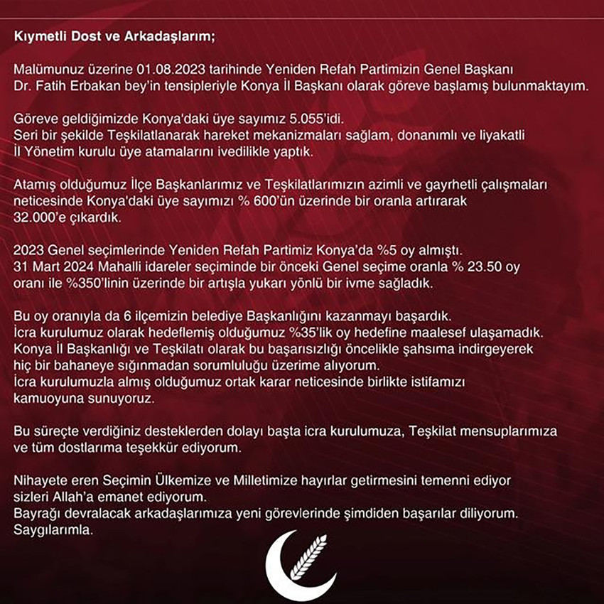 Konya'da 6 ilçeyi kazanan YRP'de dikkat çeken istifa! - Resim : 1