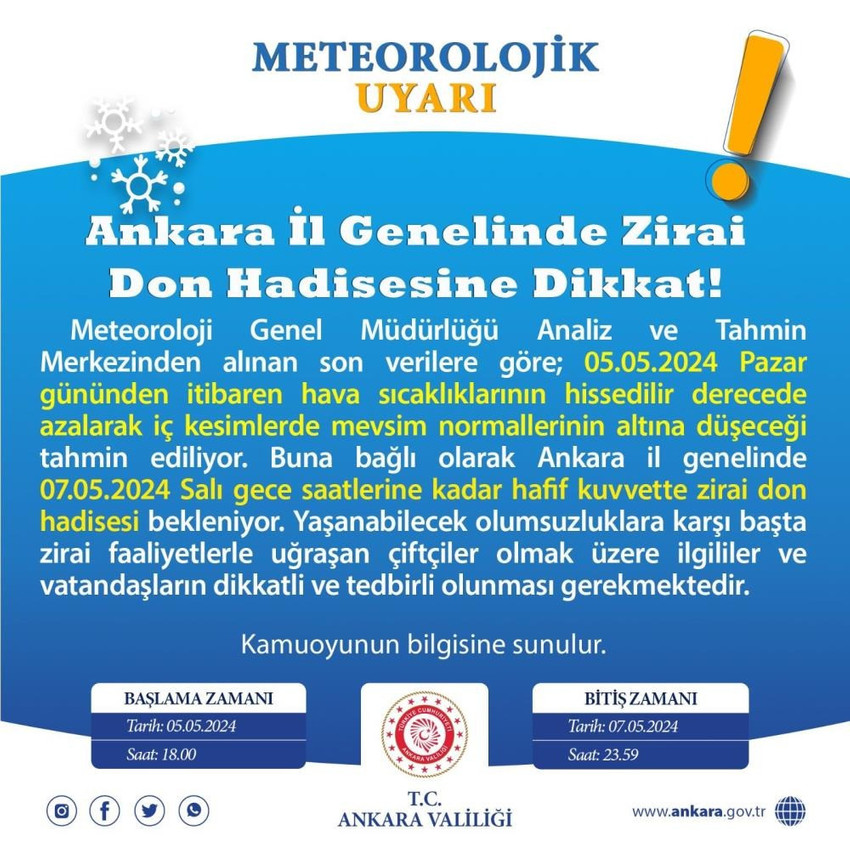 Ankara Valiliği'nden ''zirai don'' uyarısı - Resim : 1