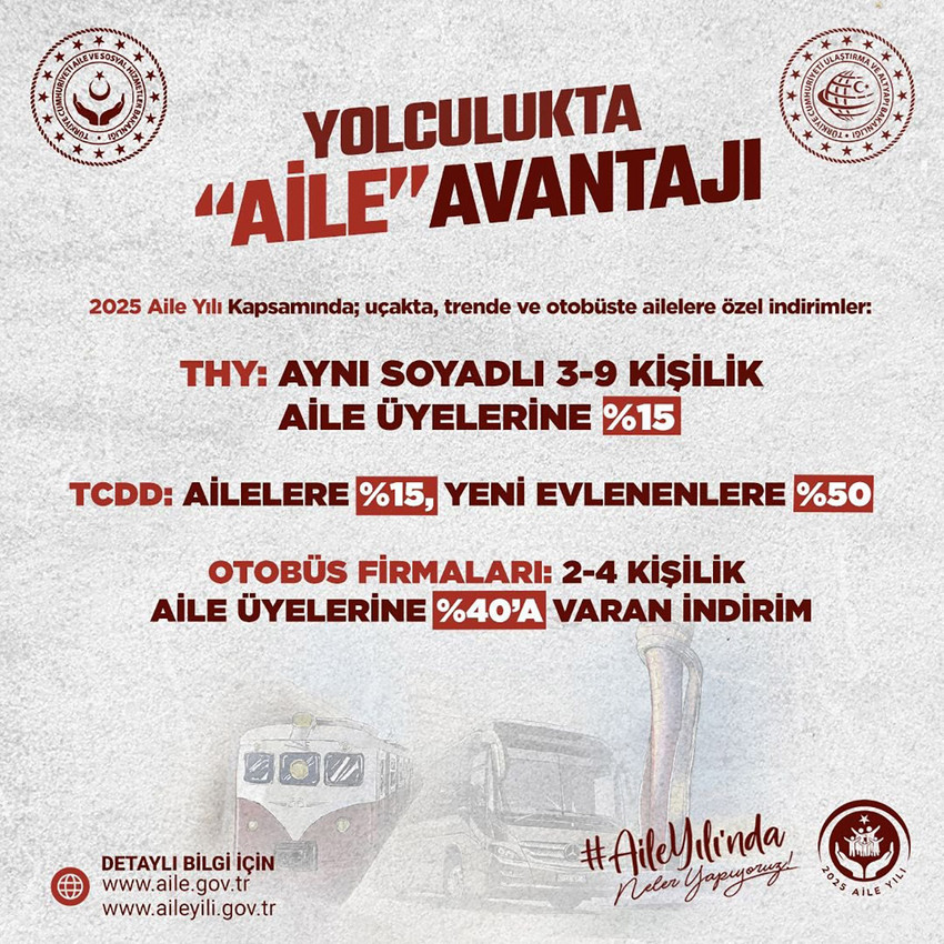 Aile ve Sosyal Hizmetler Bakanlığı, Aile Yılı kapsamında indirimli uçak, tren ve otobüs bileti satışlarının başladığını duyurdu. 