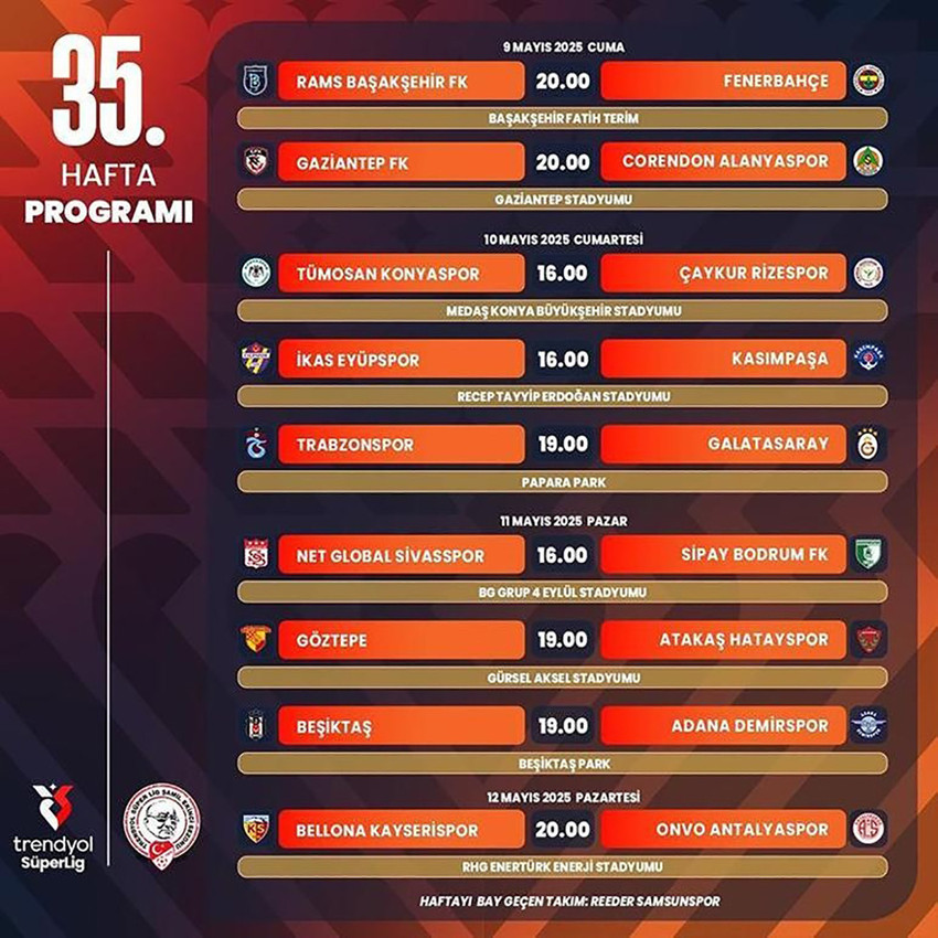 TFF, Süper Lig'in 35. haftasında Trabzonspor-Galatasaray maçının 10 Mayıs Cumartesi günü oynanacağını duyurdu. 