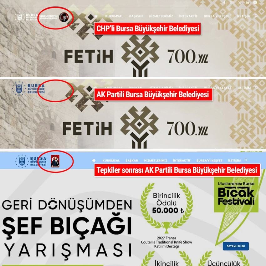 Bursa B&uuml;y&uuml;kşehir Belediyesi'nin CHP'den AK Parti'ye ge&ccedil;mesinin ardından Atat&uuml;rk ve T&uuml;rk Bayrağı g&ouml;rselinin belediyenin resmi internet sitesinden kaldırması b&uuml;y&uuml;k tepki &ccedil;ekmişti. AK Partili Şahin Biba&rsquo;nın g&ouml;reve gelmesiyle yaşanan kriz tepkiler &uuml;zerine geri adımla sonu&ccedil;landı. Atat&uuml;rk g&ouml;rseli de T&uuml;rk Bayrağı da resmi siteye geri geldi. 