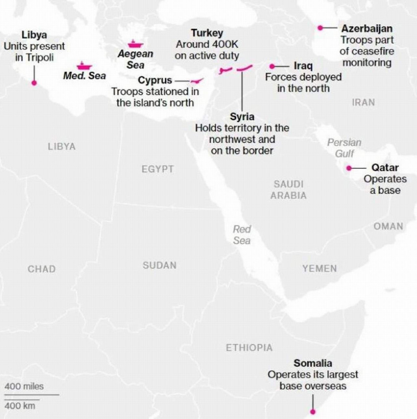 ABD merkezli Bloomberg, Türk askerinin dünya genelindeki varlığını gösteren bir harita ile Osmanlı İmparatorluğu'ndan sonra ilk kez böyle bir durumun yaşandığını belirtti.