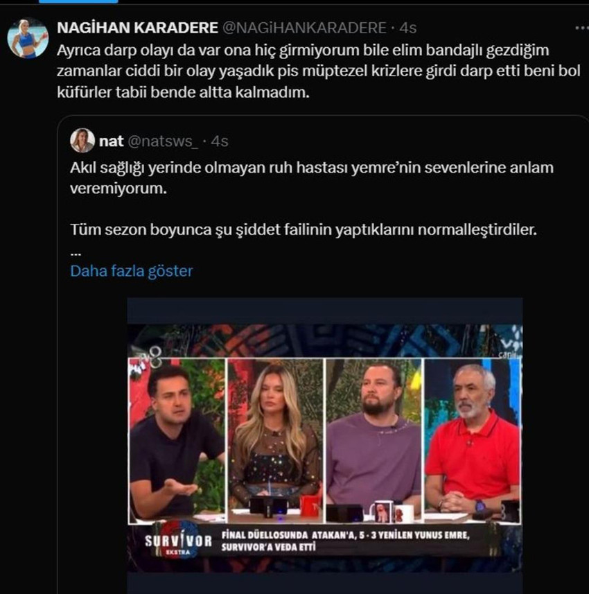 Survivor All Star'ın dikkat çeken yarışmacılarından Nagihan Karadere, dün akşam yarışmaya veda eden Yunus Emre için skandal suçlamalarda bulundu.