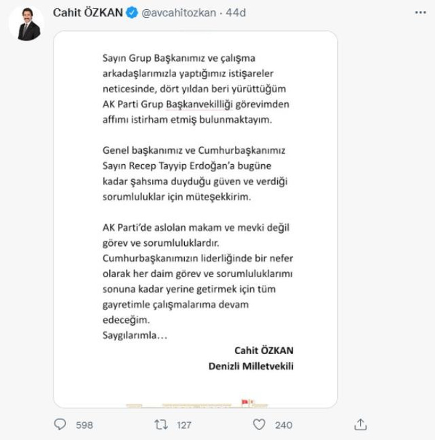 Görevden alınan AK Parti Grup Başkanvekili Cahit Özkan'dan açıklama - Resim : 1