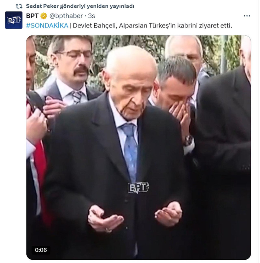 MHP Genel Başkanı Devlet Bahçeli uzun bir aradan sonra mesaiye başladı. Sosyal medyanın gündemine oturan gelişmeyle ilgili olarak Sedat Peker'in sosyal medya hesabından yaptığı paylaşımlar dikkat çekti. 