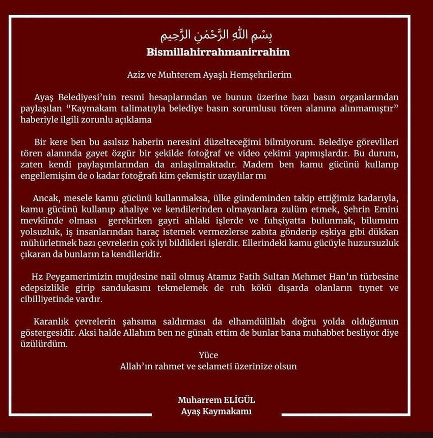 İ&ccedil;işleri Bakanlığı, sosyal medya paylaşımları ve CHP Milletvekili Umut Akdoğan ile yaşadığı polemikle g&uuml;ndeme gelen Ayaş Kaymakamı Muharrem Elig&uuml;l hakkında soruşturma başlattı. M&uuml;lkiye m&uuml;fettişi g&ouml;revlendirilen s&uuml;re&ccedil;te Elig&uuml;l, Edirne Valiliği Hukuk M&uuml;şavirliği'ne atandı. 