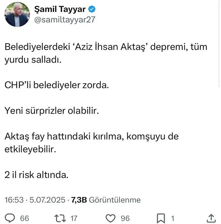 Eski AK Parti milletvekili Şamil Tayyar, CHP'li 3 belediye başkanının gözaltına alınmasının ardından yeni bir operasyon yapılabileceğini iddia etti. ''2 il risk altında'' diyen Tayyar, daha sonra paylaşımını sildi.
