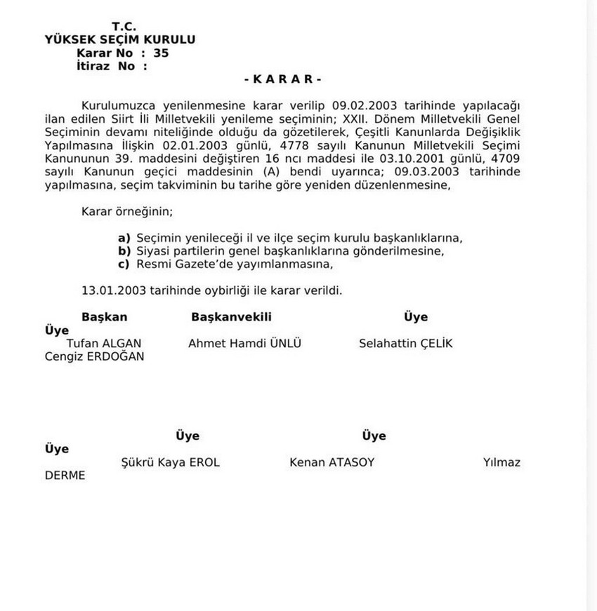 CHP lideri &Ouml;zg&uuml;r &Ouml;zel'in "ara se&ccedil;im" s&ouml;ylemlerine AK Parti'den sert tepki geldi. Genel Başkan Yardımcısı Hayati Yazıcı YSK belgesi paylaşarak, 2003 yılında Cumhurbaşkanı Erdoğan'ın milletvekili se&ccedil;ildiği Siirt se&ccedil;imlerini hatırlatarak, "O bir ara se&ccedil;im değil, yenileme se&ccedil;imidir" dedi. 