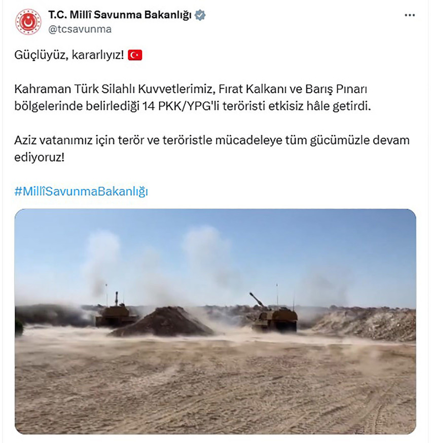 Milli Savunma Bakanlığı, Suriye'nin kuzeyinde 14 PKK/YPG'li teröristin etkisiz hale getirildiğini açıkladı.