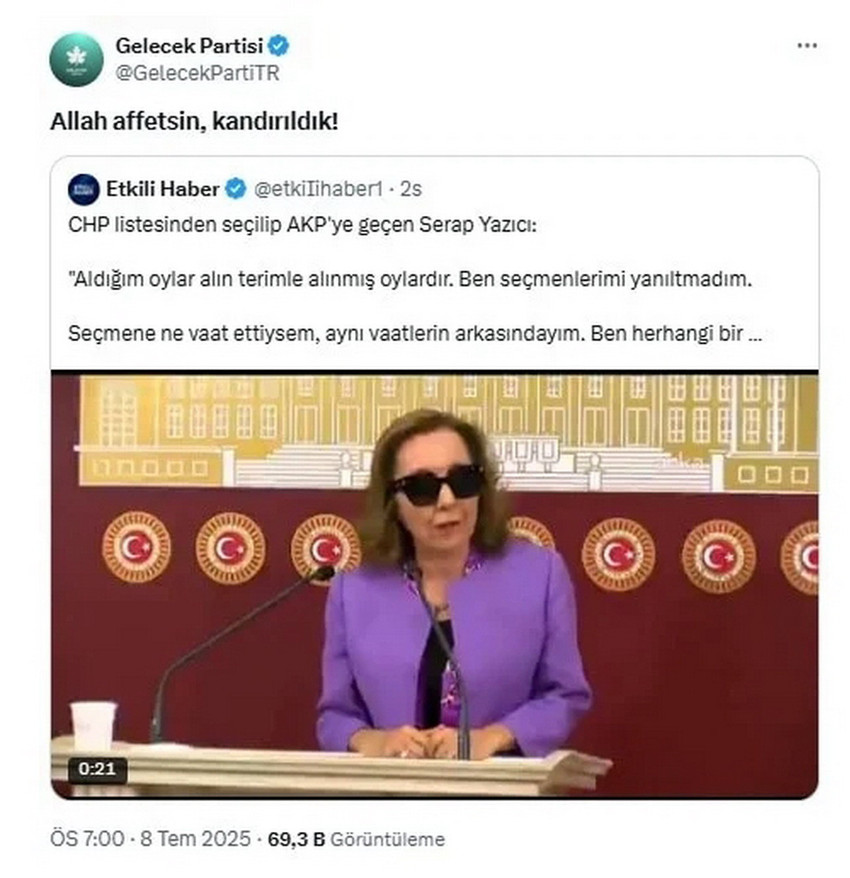 Son genel seçimlerde CHP listelerinden milletvekili seçilen ancak Gelecek Parti'den istifa ederek AK Parti'ye katılan Serap Yazıcı Özbudun'un yaptığı son açıklamaya ilişkin Gelecek Partisi'nden "kandırıldık" açıklaması yapıldı. 
