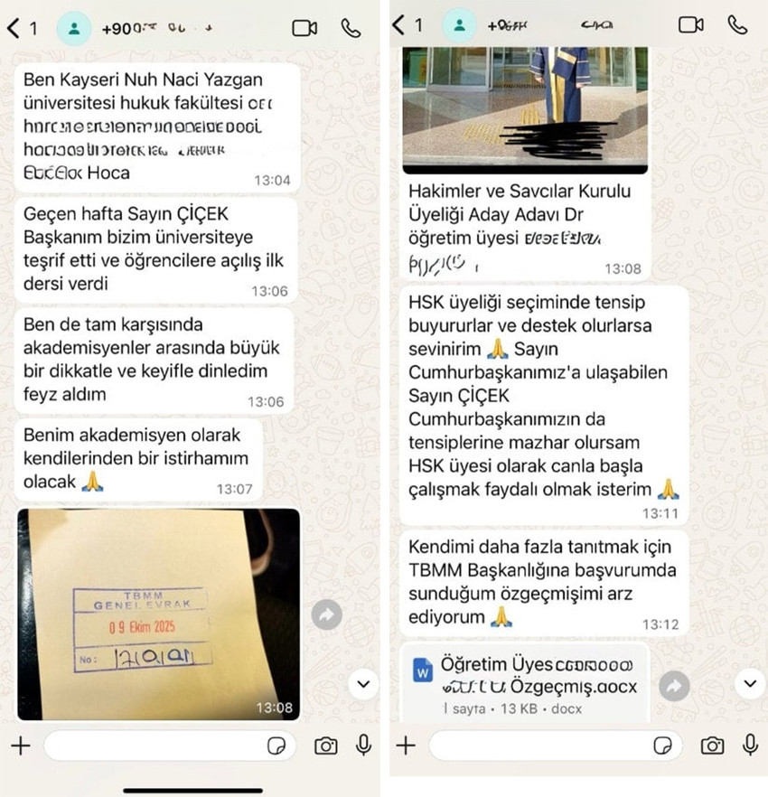 Kayseri Nuh Hacı Yazgan Üniversitesi’nde görev yapan bir akademisyen eski AK Partili Bakan Cemil Çiçek'e göndermek istediği "torpil ricası mesajı"nı yanlışlıkla Cemil Çiçek adlı bir avukata gönderince rezalet günışığına çıktı.