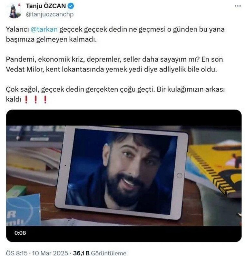 CHP'li Bolu Belediye Başkanı Tanju Özcan ünlü şarkıcı Tarkan'a seslenerek "Geççek" adlı şarkısı üzerinden imalı açıklama yaptı.