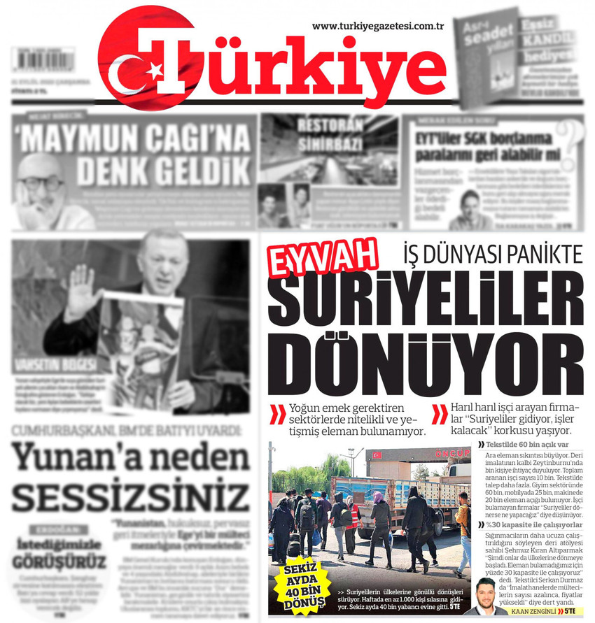 Türkiye gazetesinden eyvah Suriyeliler dönüyor manşeti