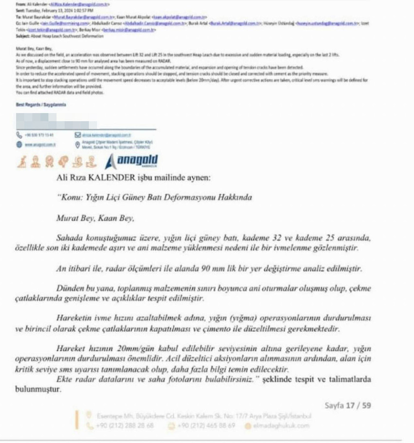 Erzincan’ın İliç ilçesinde 9 madencinin hayatını kaybettiği faciada jeoradar görevlisinin faciadan 1 saat önce şirket yönetimine attığı uyarı e-postası ortaya çıktı.