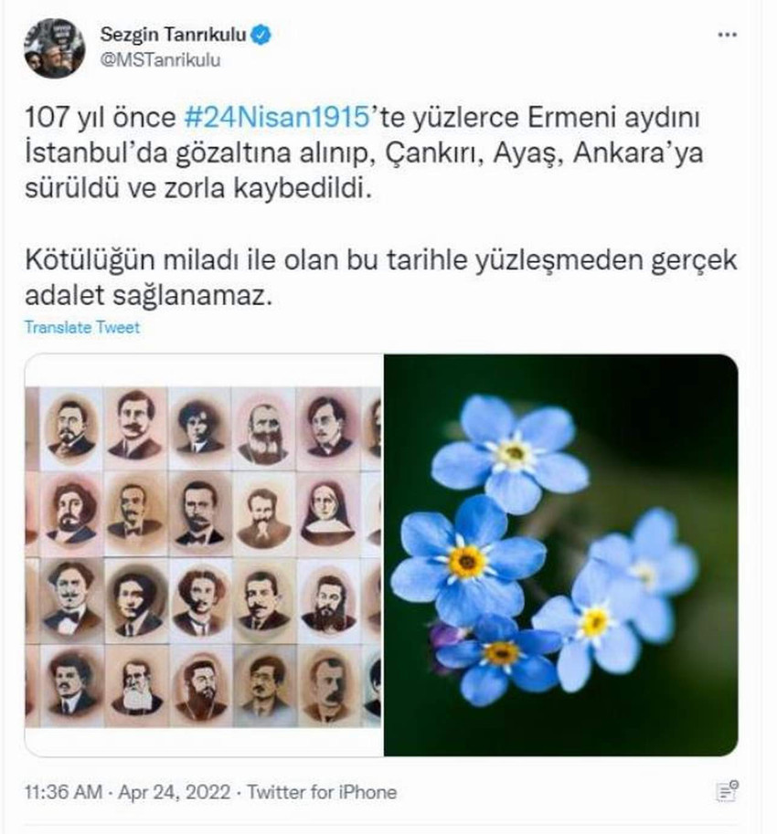 CHP'li Mustafa Sezgin Tanrıkulu'nun sözde Ermeni soykırımı paylaşımı
