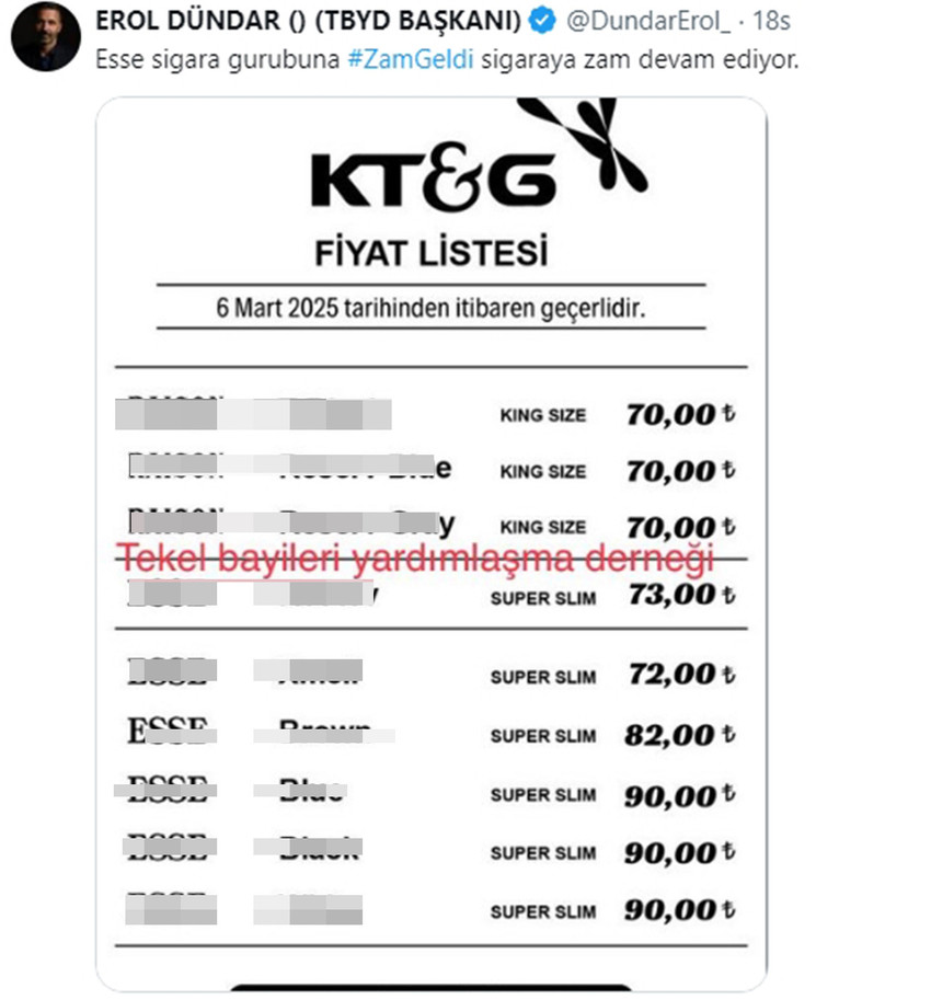 Tekel Bayileri Yardımlaşma Derneği Başkanı Erol Dündar, JTI grubunun ardından bir sigara grubuna daha zam geldiğini duyurdu.