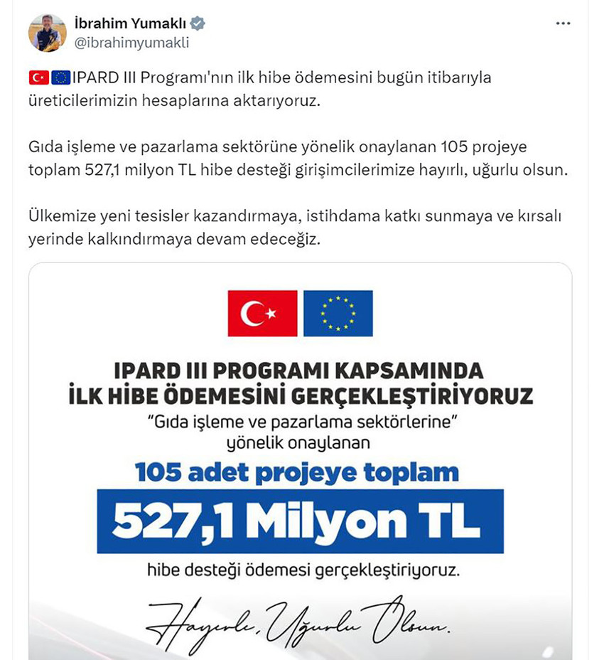 Tarım ve Orman Bakanı İbrahim Yumaklı, 105 projeye 527,1 milyon TL hibe desteği ödemelerinin başladığını duyurdu. 