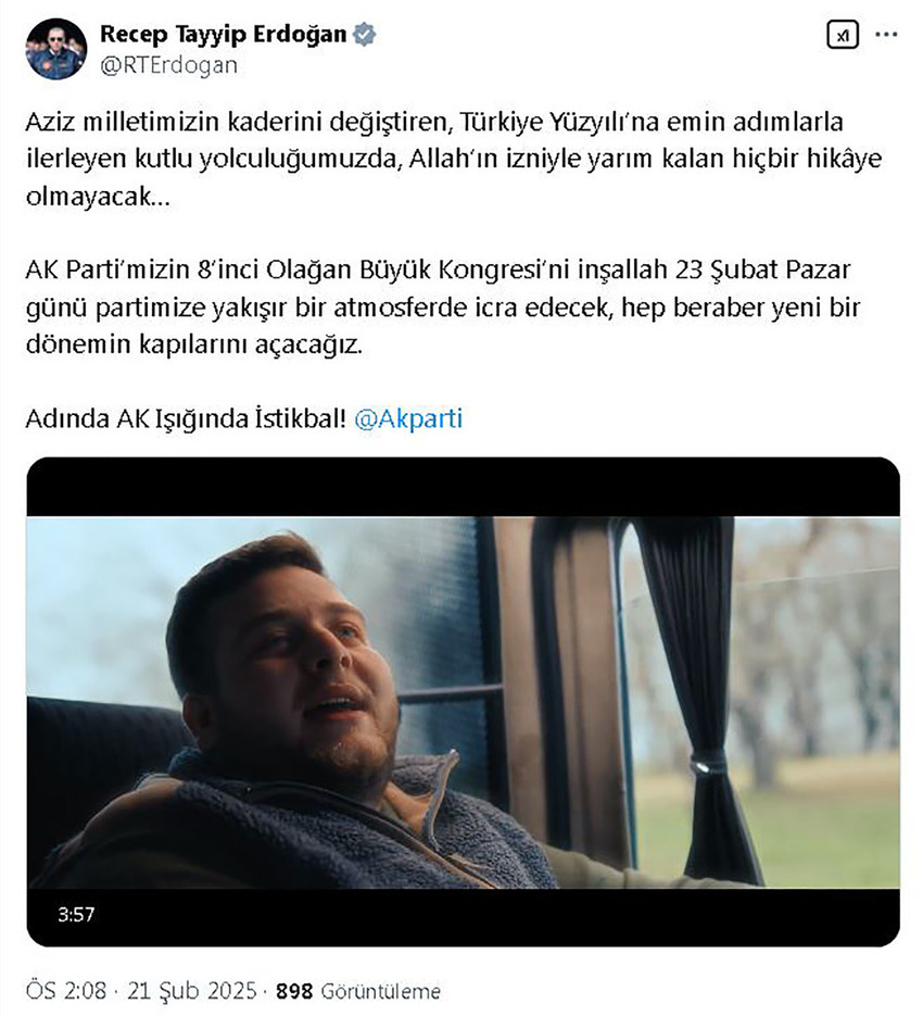 Cumhurbaşkanı Erdoğan, AK Parti'nin büyük kongresi öncesi yaptığı paylaşımda ''AK Parti'mizin 8'inci Olağan Büyük Kongresi'ni inşallah 23 Şubat Pazar günü partimize yakışır bir atmosferde icra edecek, hep beraber yeni bir dönemin kapılarını açacağız'' dedi.