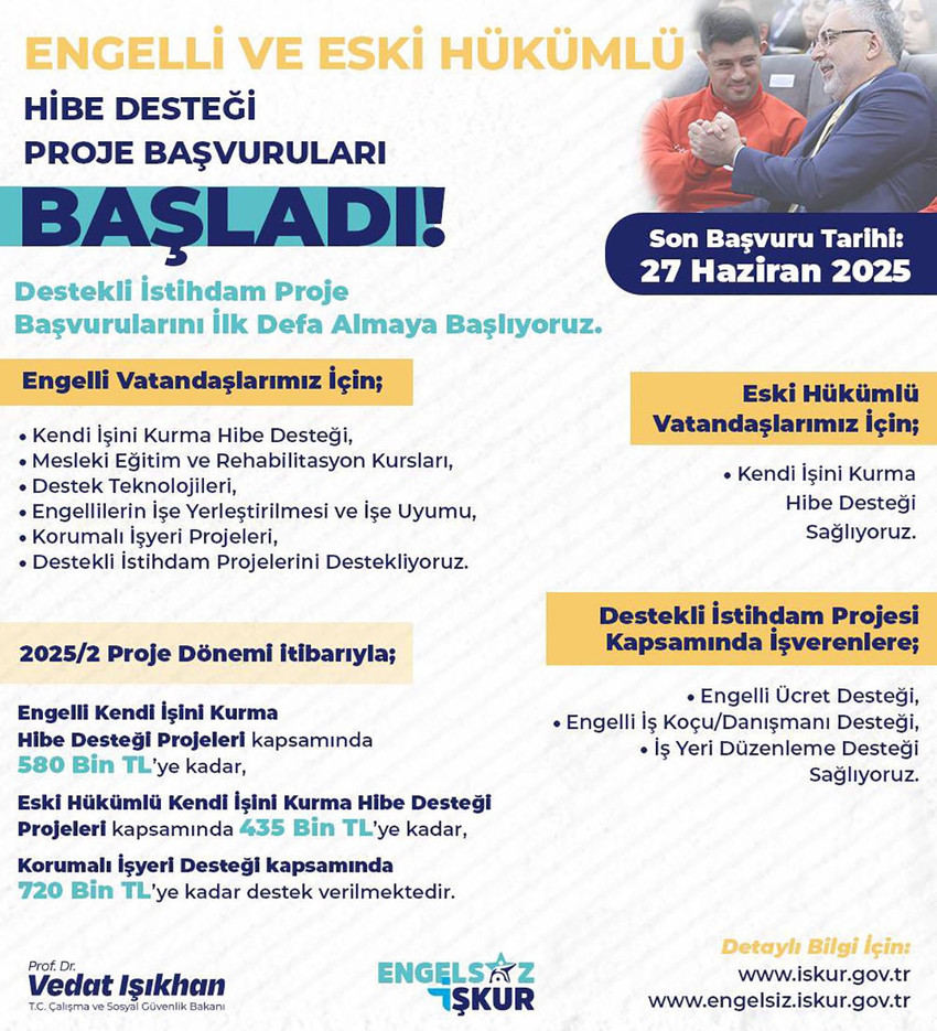 Çalışma ve Sosyal Güvenlik Bakanı Vedat Işıkhan, engelli ve eski hükümlülere verilecek hibe desteği başvurularının başladığını duyurdu.