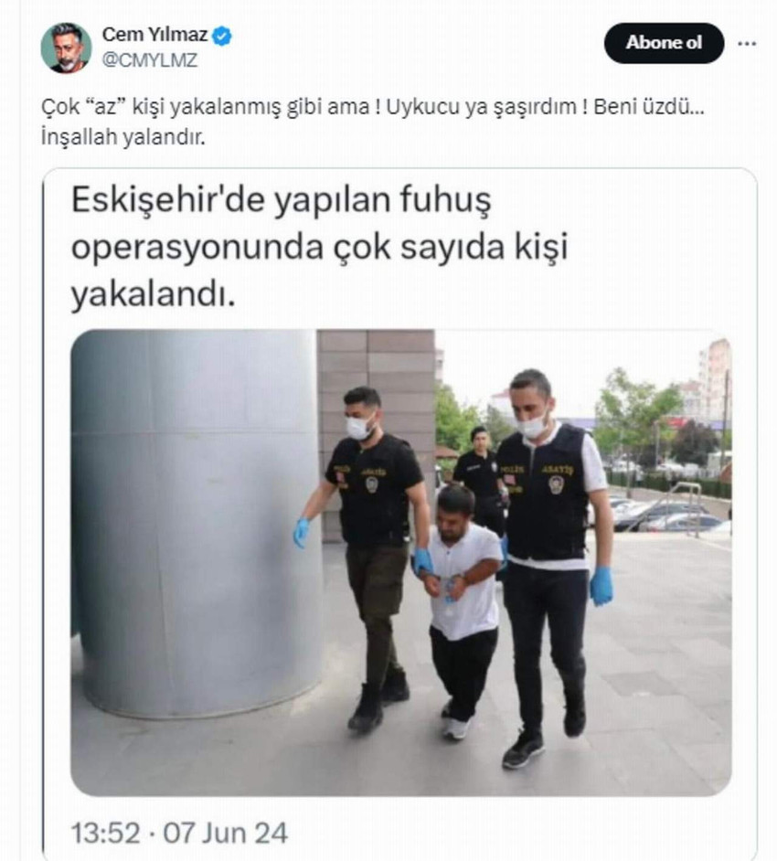 Eskişehir'de düzenlenen fuhuş operasyonda çok sayıda kişi gözaltına alınmıştı. Ünlü komedyen Cem Yılmaz'ın operasyon sırasında gözaltına alınan şüphelilerden birinin fotoğrafını paylaşarak yaptığı yorum ise gündem oldu.