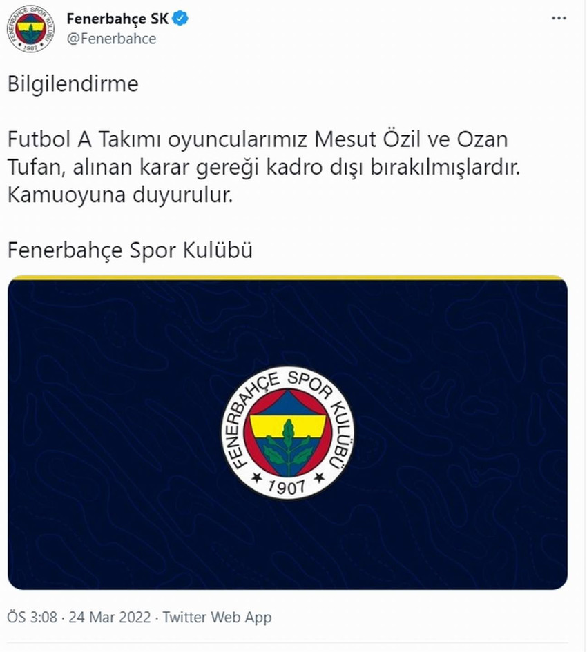 Mesut Özil ile Ozan Tufan kadro dışı bırakıldı