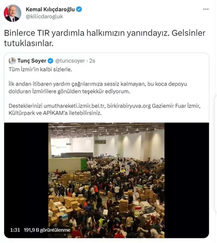 Kılıçdaroğlu deprem bölgesinden ''gelsinler tutuklasınlar'' deyip paylaştı