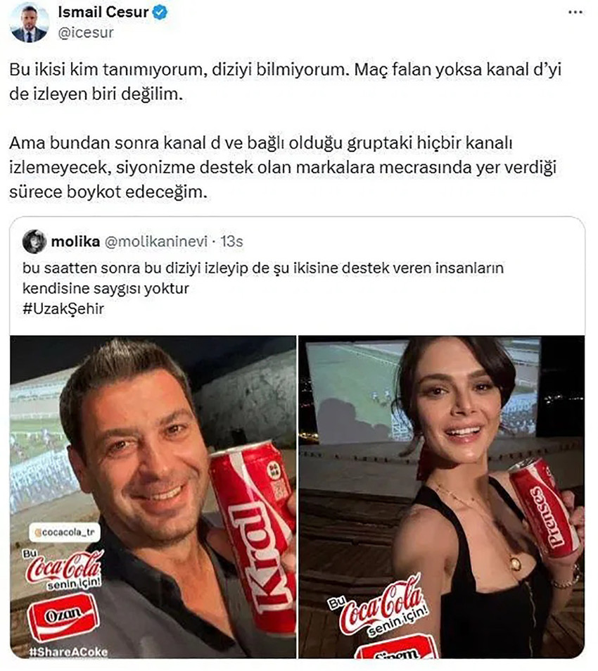 Kanal D ekranlarında yayınlanan Uzak Şehir dizisinin başrol oyuncularının Coca-Cola reklamı yapması tartışma yarattı. Cumhurbaşkanı Danışmanı İsmail Cesur, Kanal D'yi boykot edeceğini söyledi. 