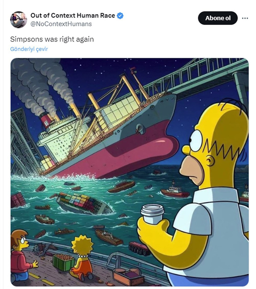 Dünya genelinde yaşanan pek çok olayı önceden tahmin etmesiyle bilinen ekranların en uzun soluklu animasyon dizisi Simpsonlar'ın, ABD'de kargo gemisinin köprüye çarpmasını bir bölümde işlediği öne sürüldü.