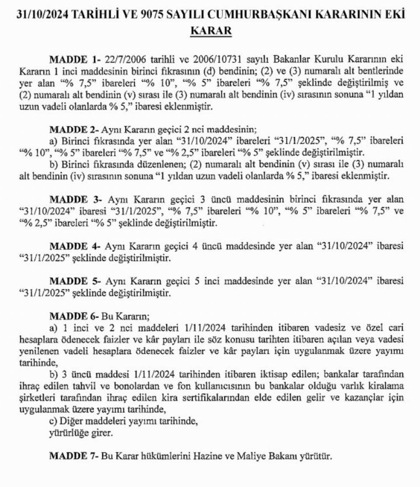 Resmi Gazete'de yayımlanan karara göre; 6 ay vadeli mevduatta stopaj yüzde 7,5’ten yüzde 10’a, 1 yıla kadar vadeli olanlarda yüzde 5’ten yüzde 7,5’e yükseltildi.