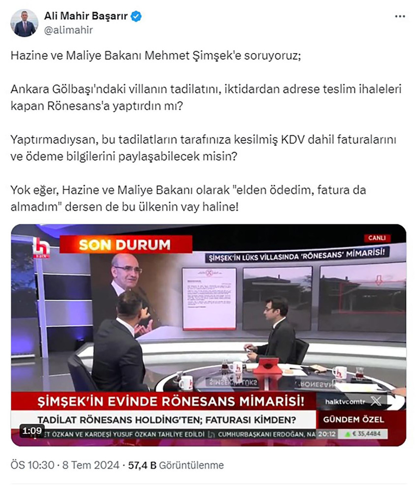 Hazine ve Maliye Bakanlığı, CHP Grup Başkanvekili Ali Mahir Başarır'ın Bakan Şimşek'in Ankara Gölbaşı'ndaki evinin tadilatını devletten ihaleler alan müteahhitlik firmasına yaptırdığı iddialarına yanıt verdi. Açıklamada, ''Sayın Bakanımızın evinin içinde, son 10 yıl içinde önemli herhangi bir tadilat yapılmamıştır'' denildi.