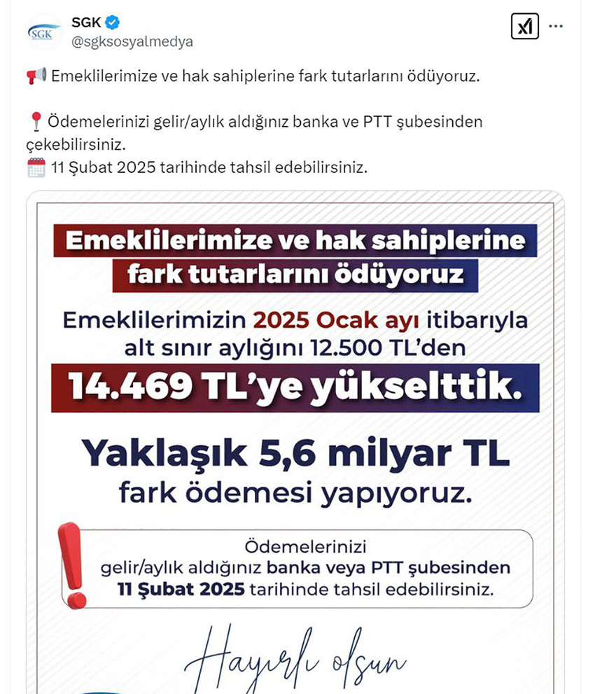 Sosyal Güvenlik Kurumu (SGK), en düşük emekli maaşı alanlara yapılacak fark ödemesinin 11 Şubat tarihinde hesaplara yatırılacağını açıkladı.