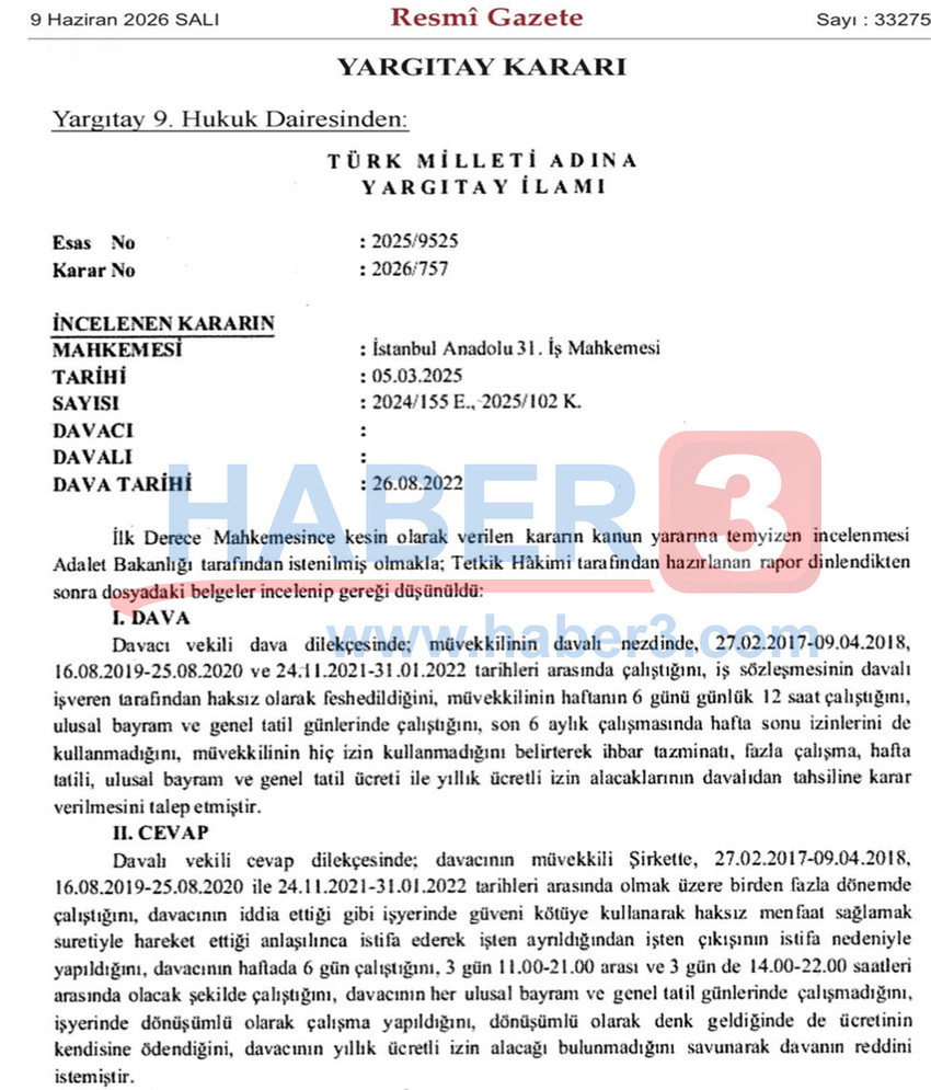 Çalışma hayatını ve milyonlarca işçiyi yakından ilgilendiren tarihi bir Yargıtay kararı, 9 Haziran 2026 tarihli Resmî Gazete'de yayımlanarak resmen yürürlüğe girdi. İşçi ile işveren arasındaki uyuşmazlıkları temelden çözecek olan bu emsal karar, yıllık ücretli izin hesaplamalarında yaşanan mağduriyetlere son noktayı koydu. Yargıtay, çalışanların yıllık izin dönemlerine denk gelen hafta sonu ve resmi tatillerin, izin hakkından düşülmesini hukuka aykırı buldu.