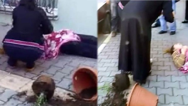 Eşine saldıran kocaya saksı fırlattılar