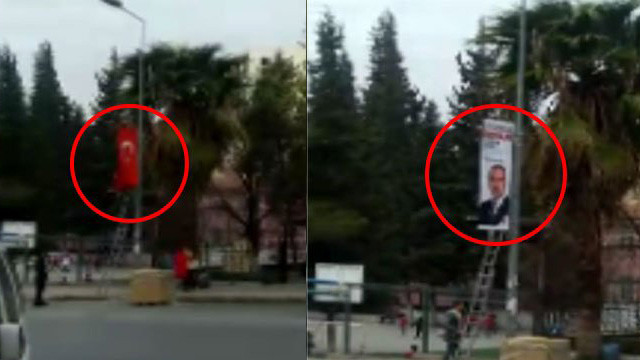 Türk Bayrağı'nı indirip seçim afişi astılar