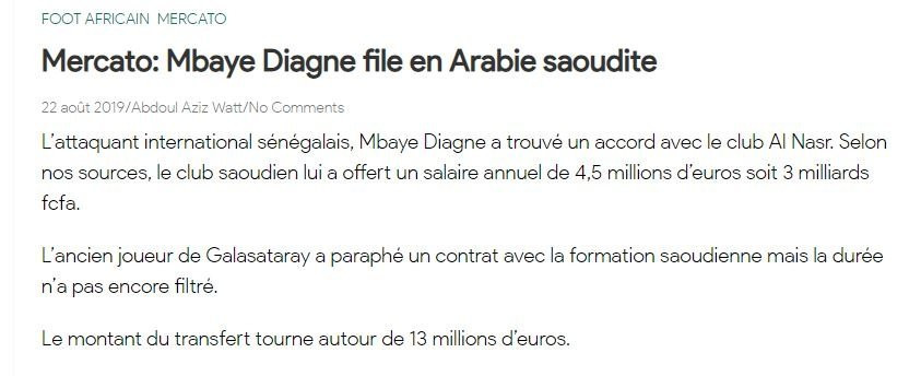 Galatasaray'a Diagne'den müjde var