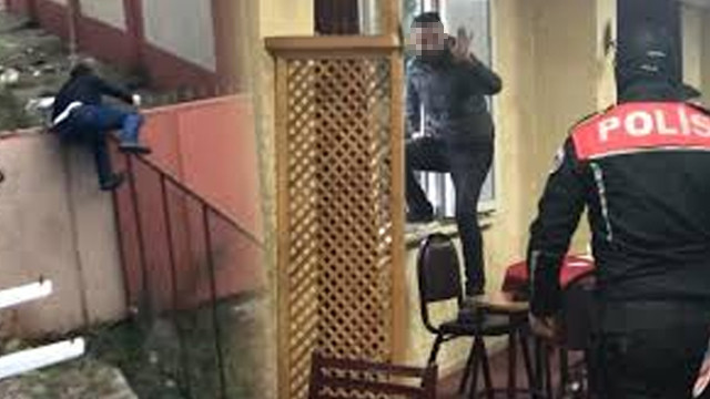 Polisi görünce pencereden atlayıp, düz duvara tırmandılar
