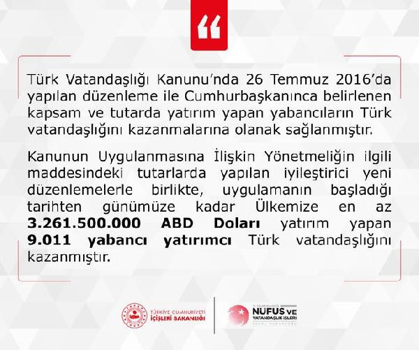 Türkiye'ye 3.2 milyar dolarlık yatırım yapan 9 bin 11 kişi Türk vatandaşı oldu - Resim : 1