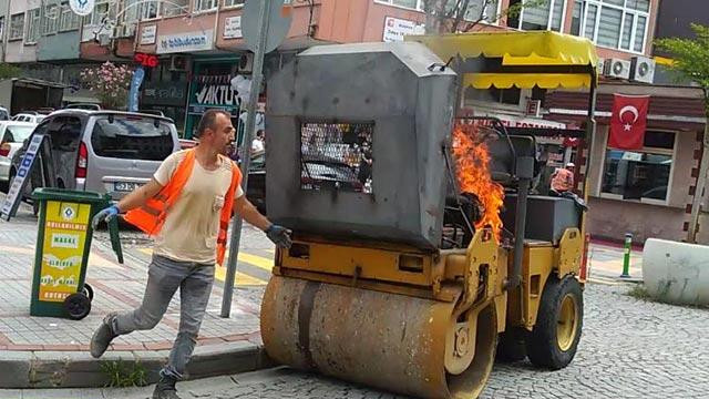 Rize'de iş makinesi alev aldı, operatör böyle isyan etti!